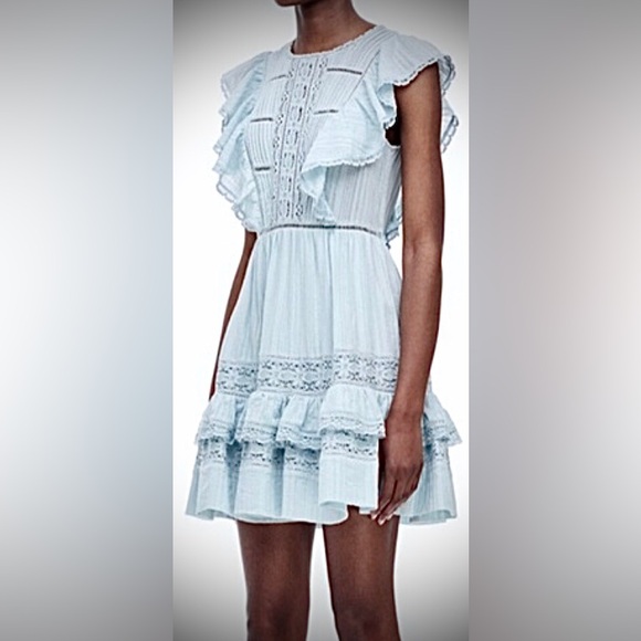 Rebecca Taylor 100% Cotton Gauze Ruffled & Tiered dress pale blue color size 4 - Picture 1 of 11